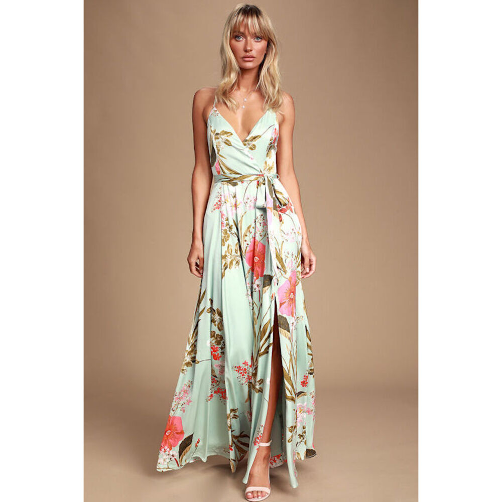Lulus Still The One Sage Green Floral Print Satin Maxi Dress - Size L